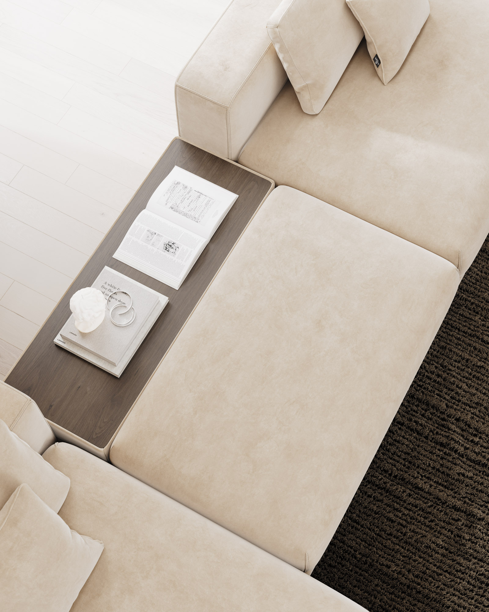 Sofa Modular Eclipe De Canto Em Tecido Castanho Claro Com Mesa De Apoio Jleal 5